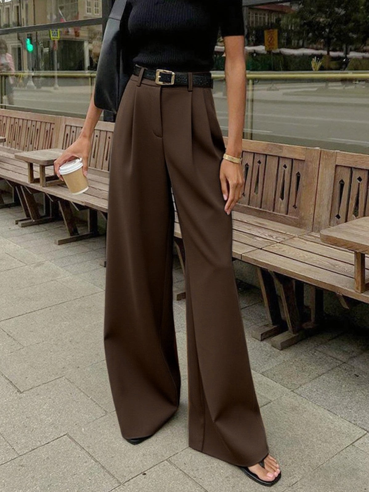 Women's Solid Wide Leg Pants Without Belt in Dark Brown