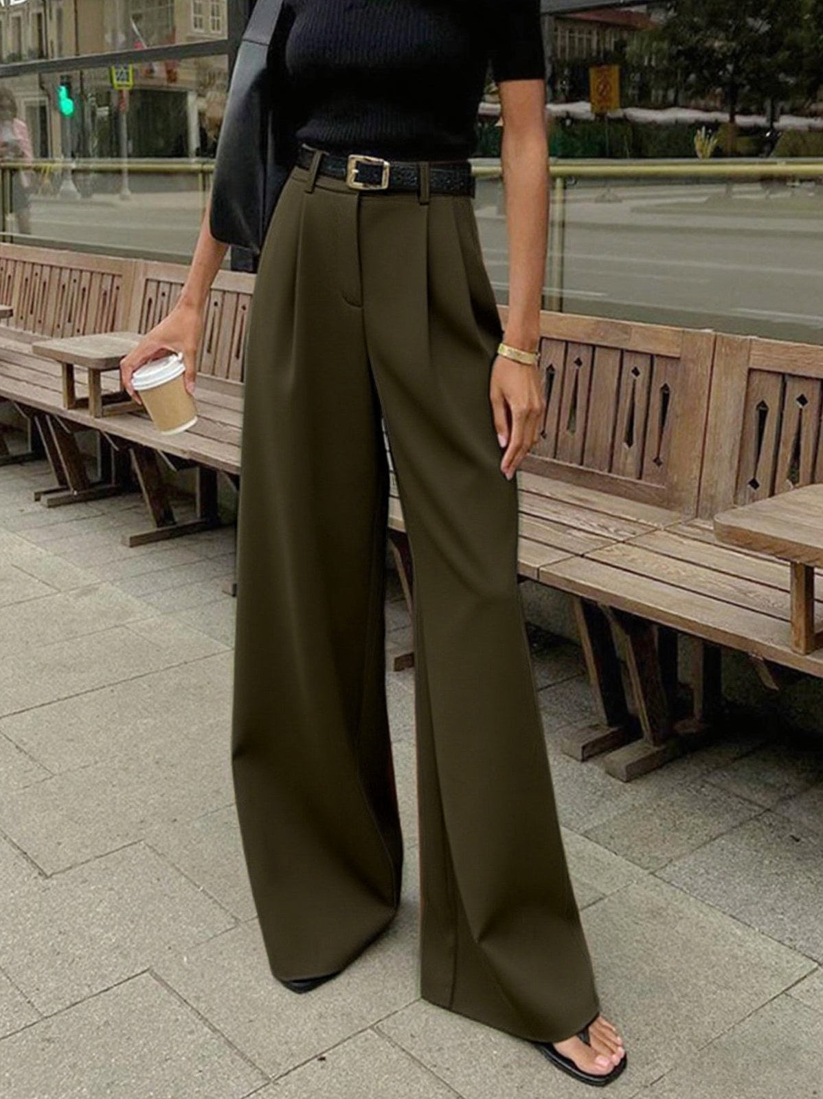 Women's Solid Wide Leg Pants Without Belt in ArmyGreen