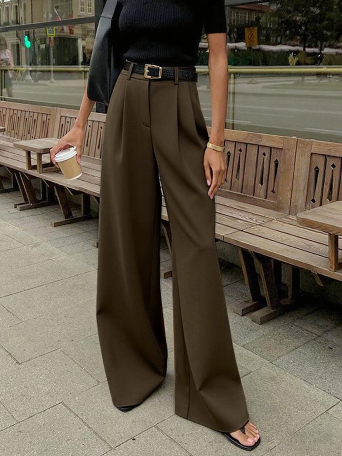 Women's Solid Wide Leg Pants Without Belt in Light Brown