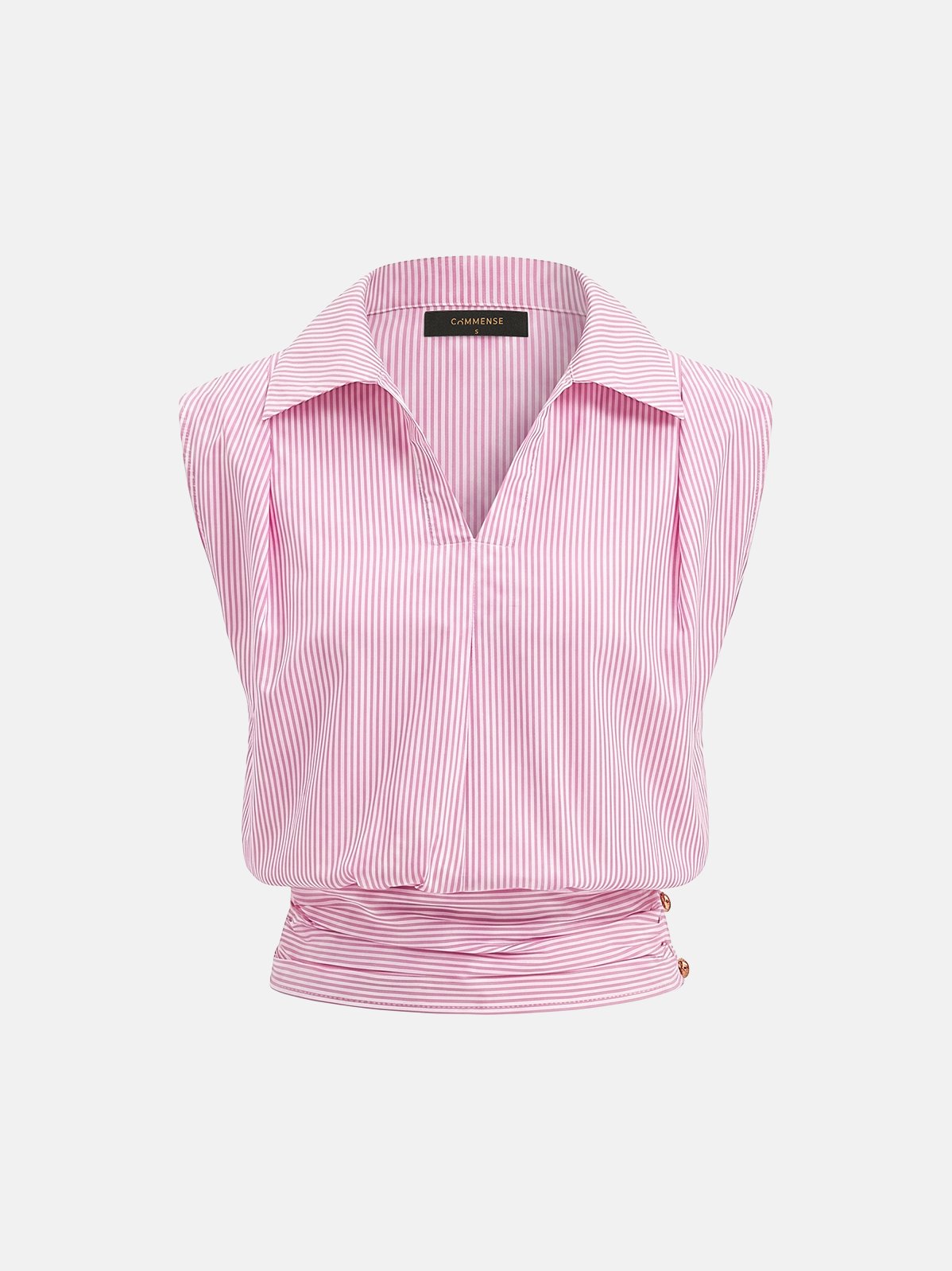 Women's Striped Collared Sleeveless Cinched Blouse in Pink