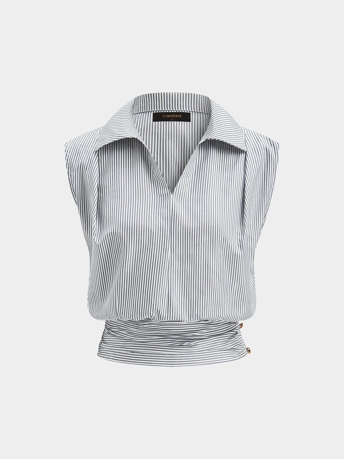 Women's Striped Collared Sleeveless Cinched Blouse in Light Grey
