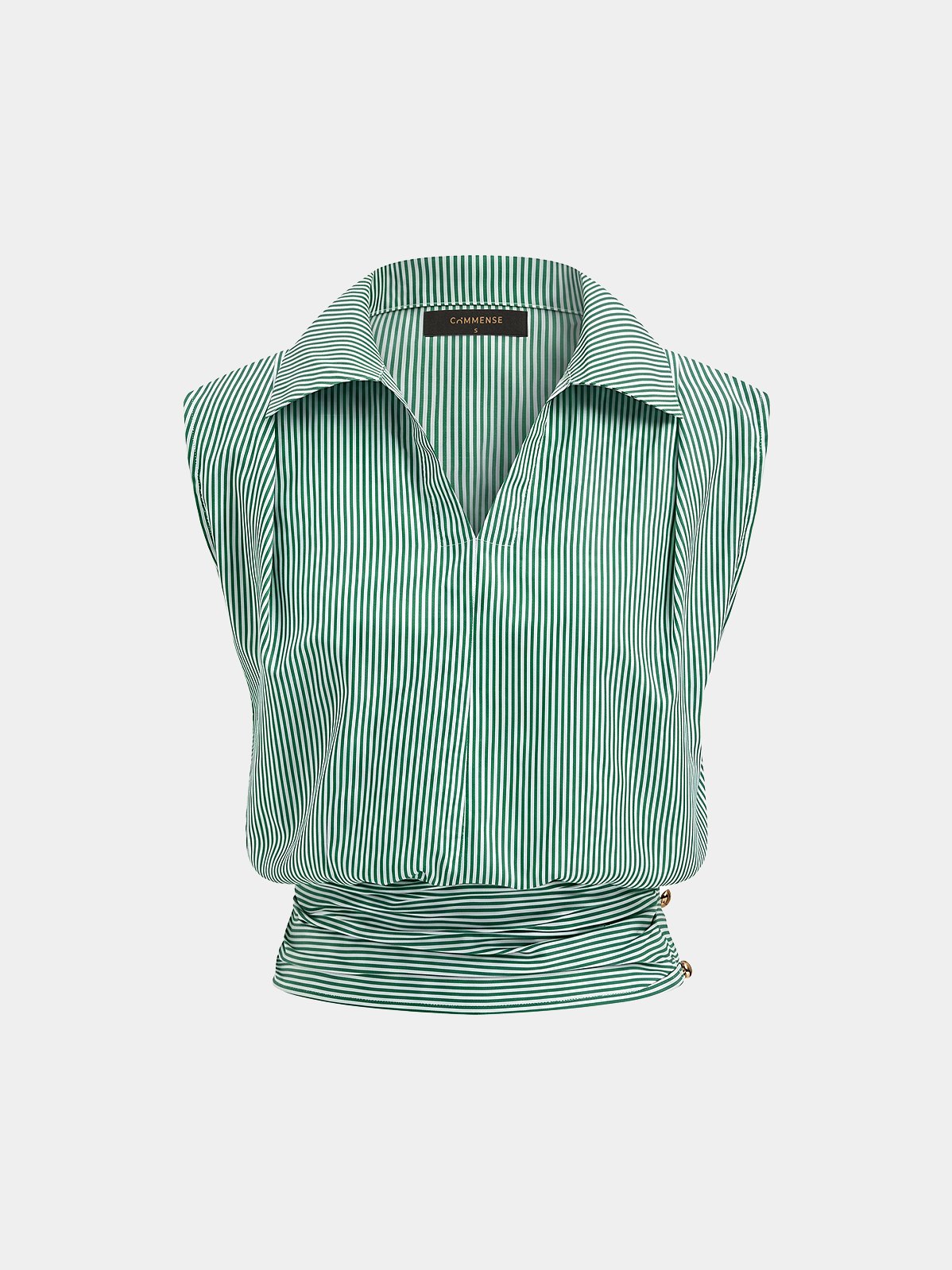 Women's Striped Collared Sleeveless Cinched Blouse in Green