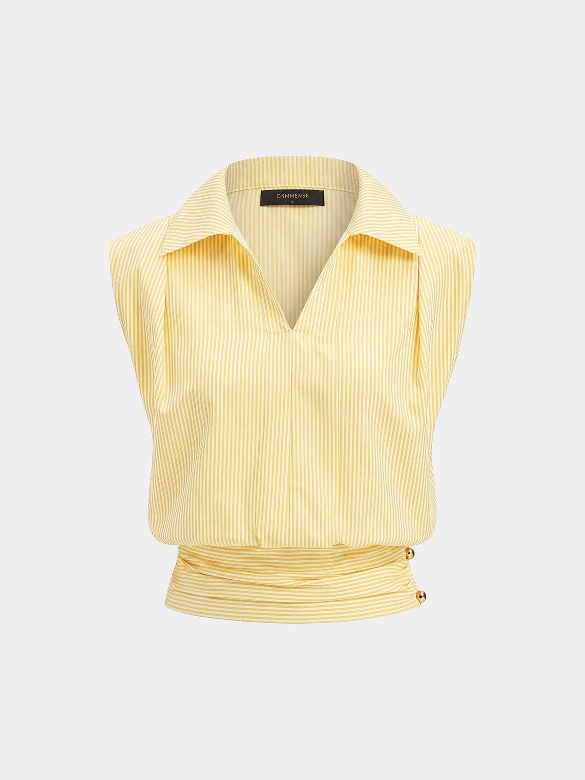 Women's Striped Collared Sleeveless Cinched Blouse in Yellow