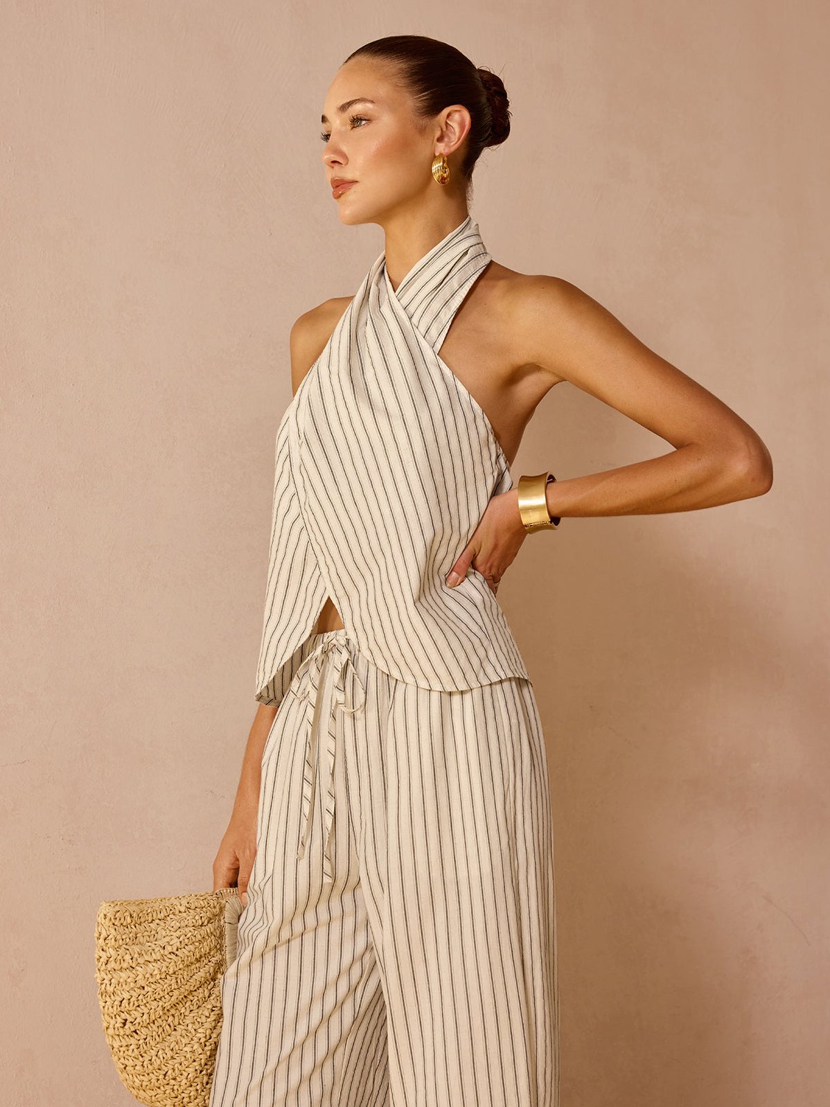 Women's Striped Cotton Linen Halter Top & Pant Set — detail
