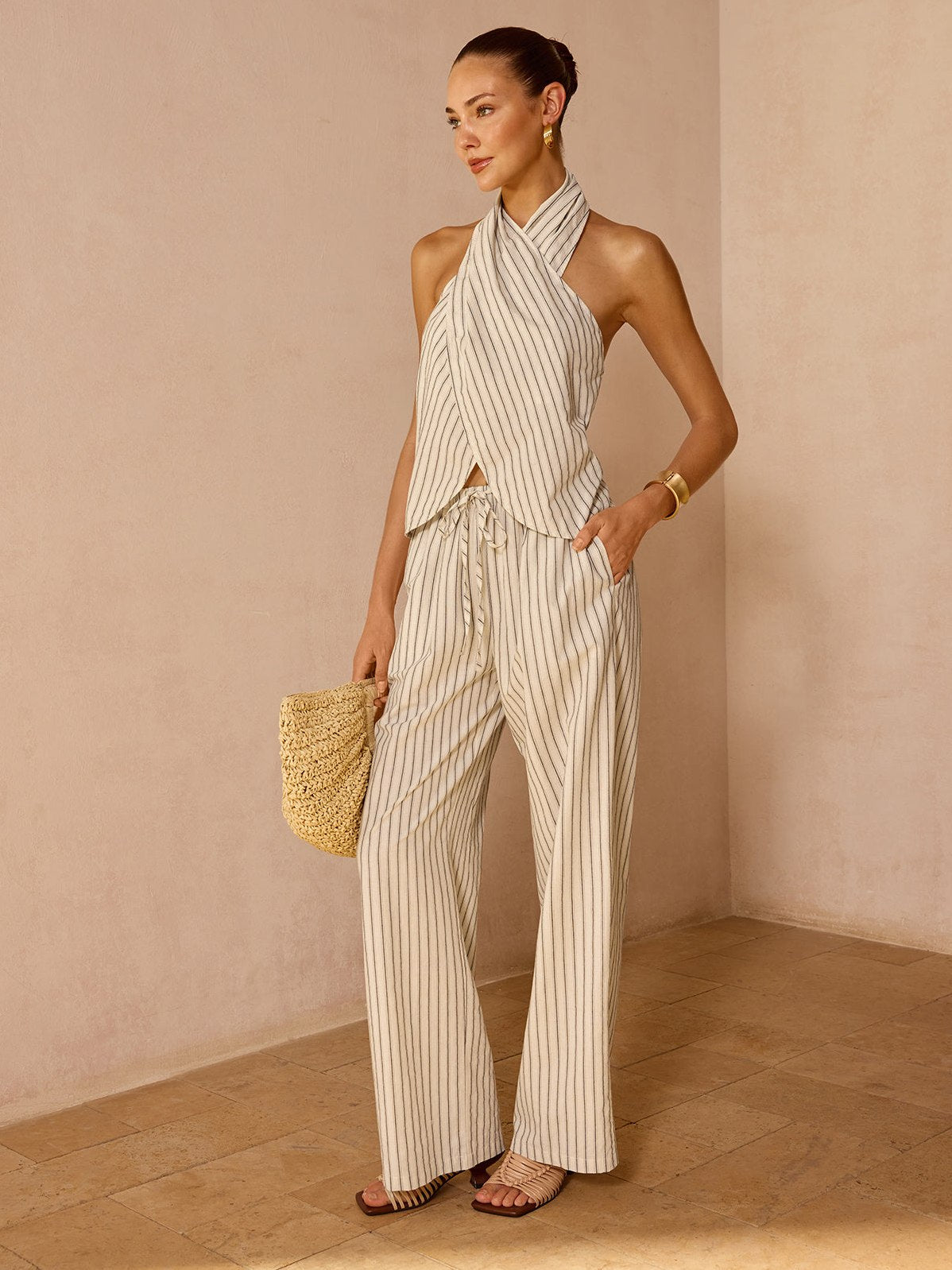 Women's Striped Cotton Linen Halter Top & Pant Set — styled look