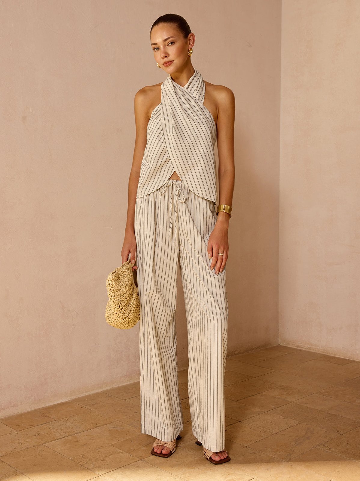 Women's Striped Cotton Linen Halter Top & Pant Set — full view