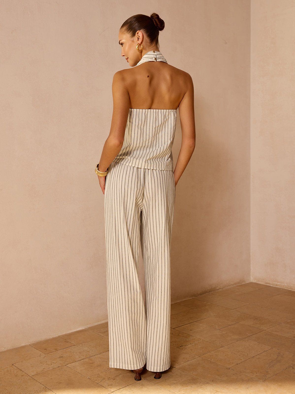 Women's Striped Cotton Linen Halter Top & Pant Set — worn on model