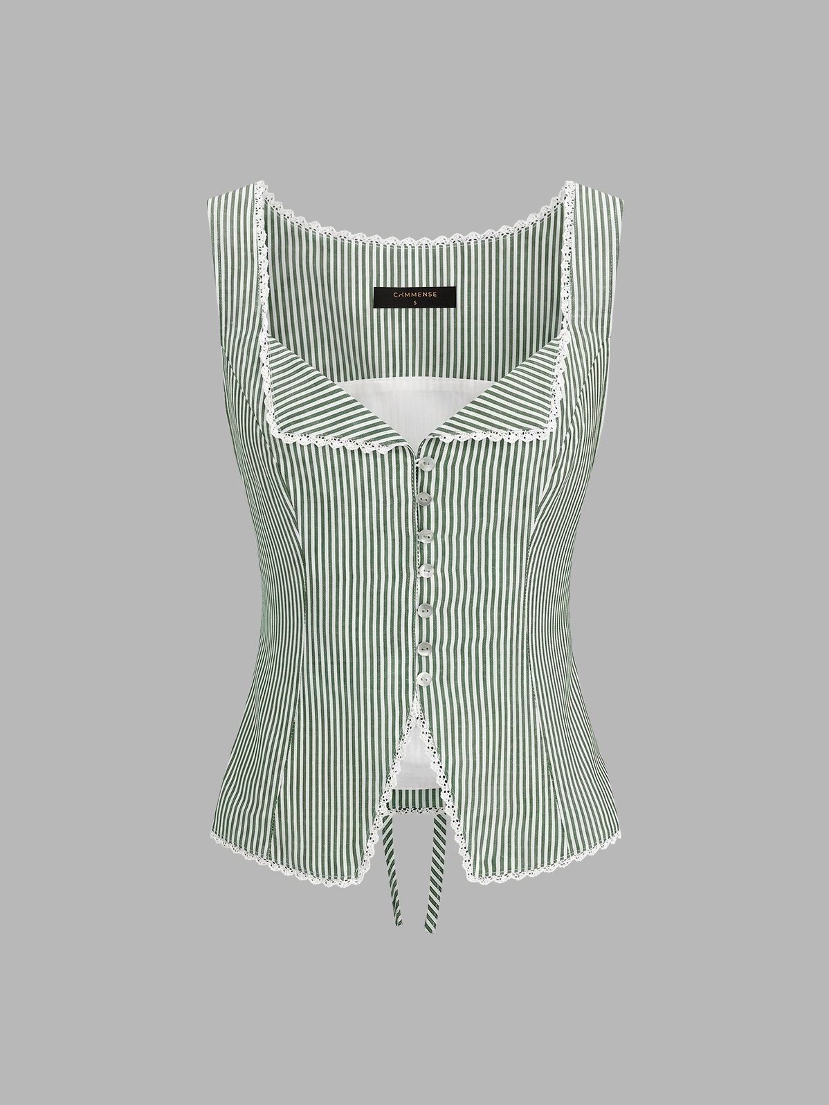 Women's Striped Lace Trim Button-Front Tank Top in Green