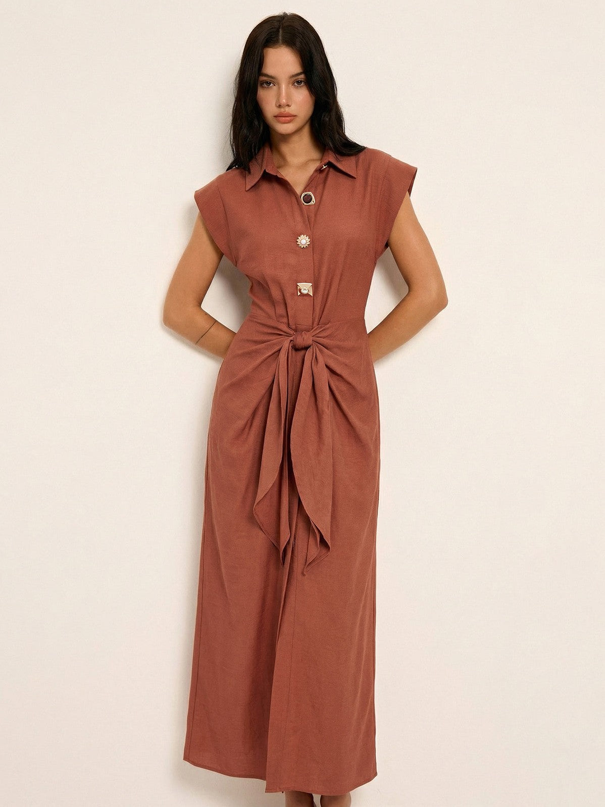 Women's Tie Waist Collared Sleeveless Maxi Dress in OrangeRed