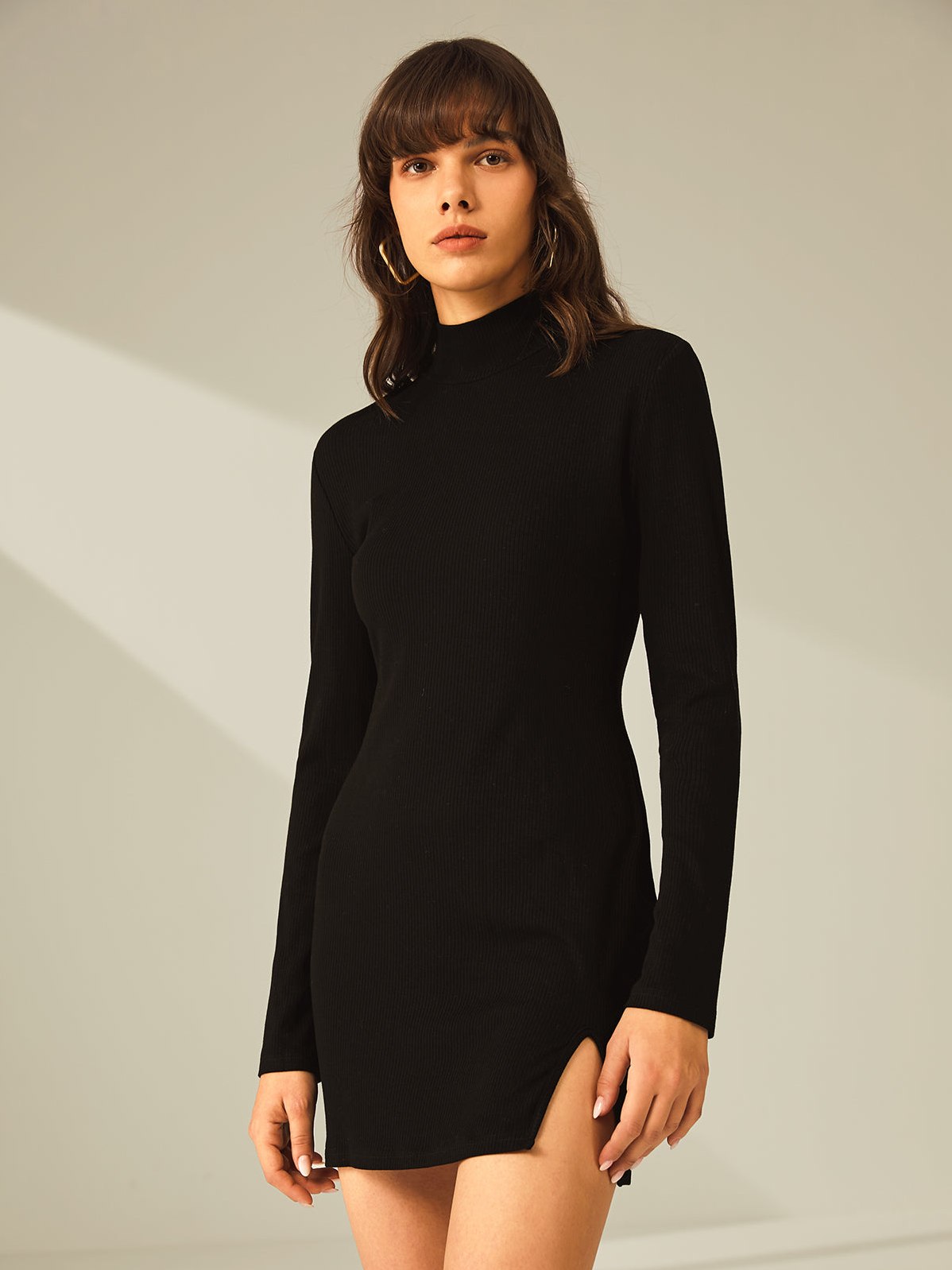 Women's Turtleneck Long Sleeve Mini Dress with Slit and Ribbed Paneling — detail
