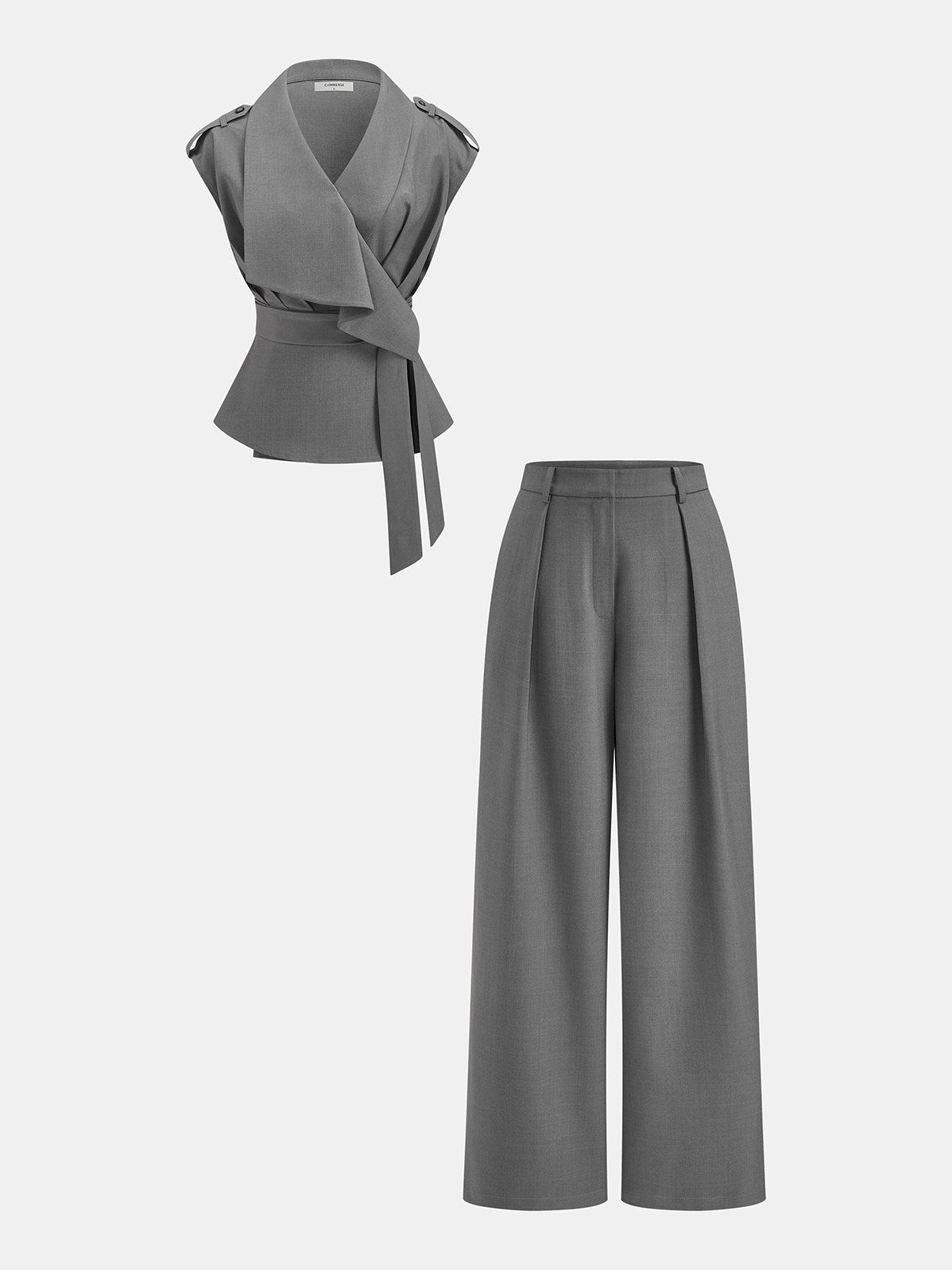 Women's Wrap Front Fitted Top & Pleated Pants Set in Grey