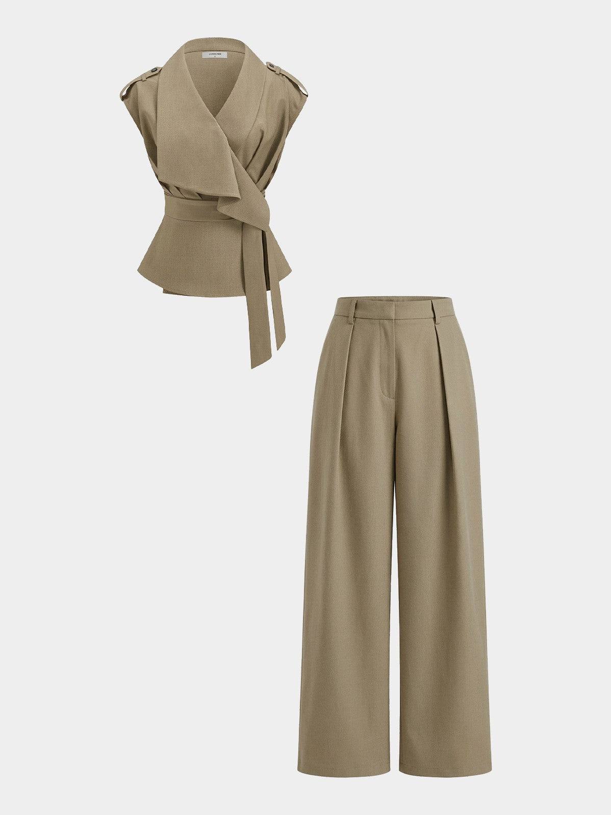 Women's Wrap Front Fitted Top & Pleated Pants Set in Khaki