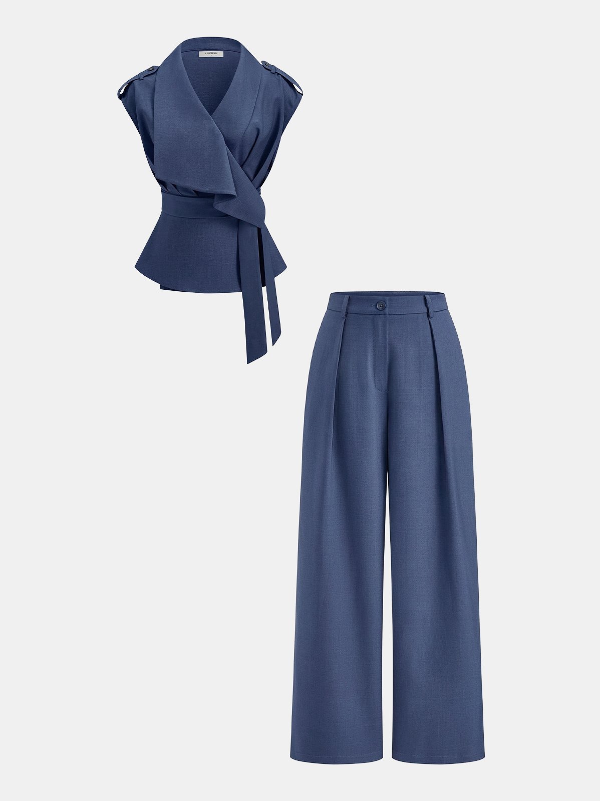 Women's Wrap Front Fitted Top & Pleated Pants Set in Blue